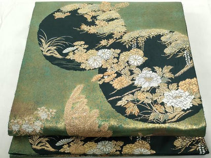 平和屋着物◎六通柄袋帯　唐織　蒔絵四季花　金糸　正絹　逸品　DABE0713qa