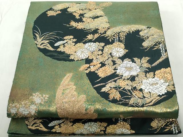 平和屋着物◎六通柄袋帯　唐織　蒔絵四季花　金糸　正絹　逸品　DABE0713qa