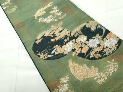 平和屋着物◎六通柄袋帯　唐織　蒔絵四季花　金糸　正絹　逸品　DABE0713qa