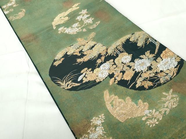 平和屋着物◎六通柄袋帯　唐織　蒔絵四季花　金糸　正絹　逸品　DABE0713qa