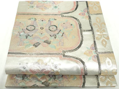 平和屋着物◎六通柄袋帯　向かい鳥花文　金銀糸　正絹　逸品　DABE0717qa
