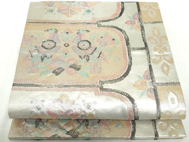 平和屋着物◎六通柄袋帯　向かい鳥花文　金銀糸　正絹　逸品　DABE0717qa
