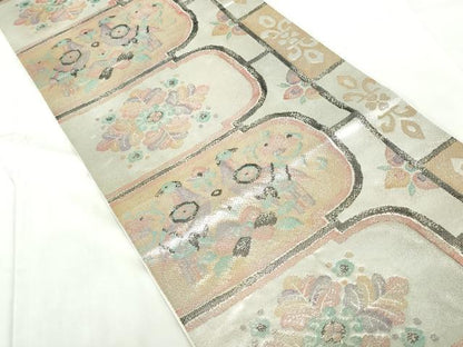 平和屋着物◎六通柄袋帯　向かい鳥花文　金銀糸　正絹　逸品　DABE0717qa