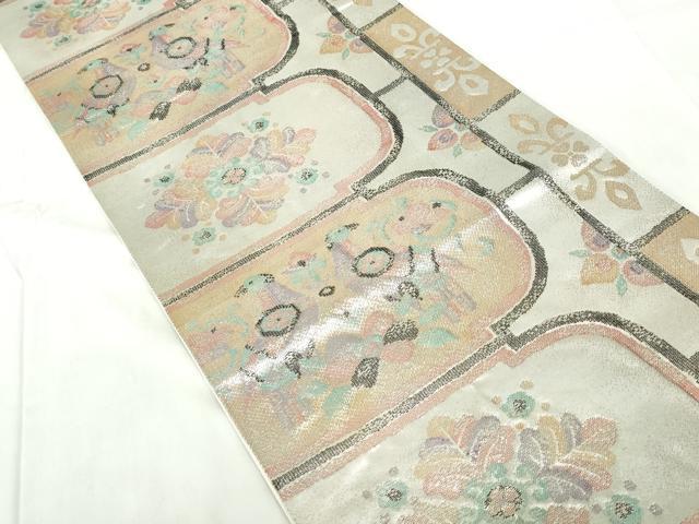 平和屋着物◎六通柄袋帯　向かい鳥花文　金銀糸　正絹　逸品　DABE0717qa