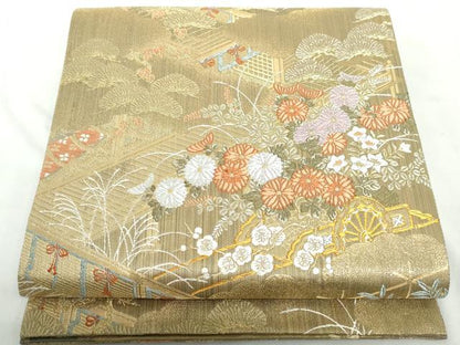 平和屋着物◎六通柄袋帯　唐織　風景花車文　金銀糸　正絹　逸品　DABE0729qa