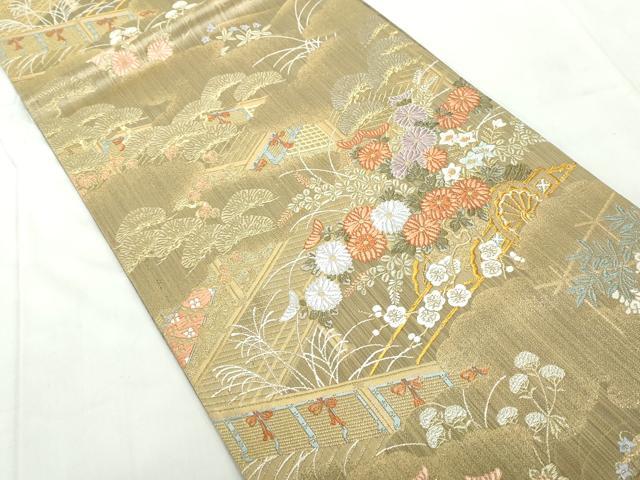 平和屋着物◎六通柄袋帯　唐織　風景花車文　金銀糸　正絹　逸品　DABE0729qa