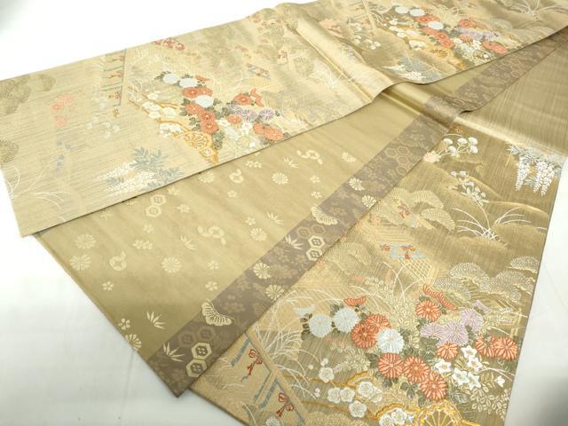 平和屋着物◎六通柄袋帯　唐織　風景花車文　金銀糸　正絹　逸品　DABE0729qa