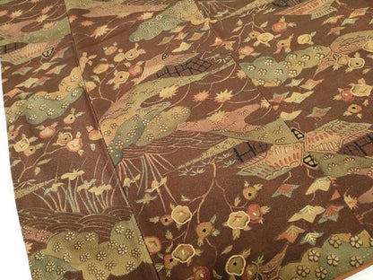 平和屋着物■上質な小紋　風景花文　金彩　鬼しぼ縮緬　反端付き　正絹　逸品　DABE0731qa