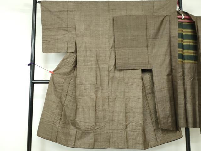 平和屋着物■男性　本場大島紬　アンサンブル　長羽織　格子文　枯茶色　正絹　逸品　DABE0735qa