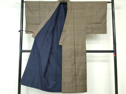 平和屋着物■男性　本場大島紬　アンサンブル　長羽織　格子文　枯茶色　正絹　逸品　DABE0735qa
