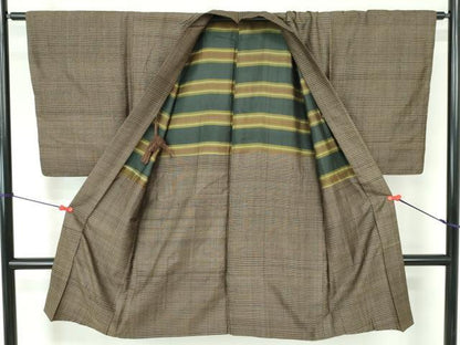 平和屋着物■男性　本場大島紬　アンサンブル　長羽織　格子文　枯茶色　正絹　逸品　DABE0735qa