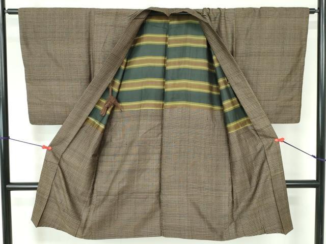 平和屋着物■男性　本場大島紬　アンサンブル　長羽織　格子文　枯茶色　正絹　逸品　DABE0735qa
