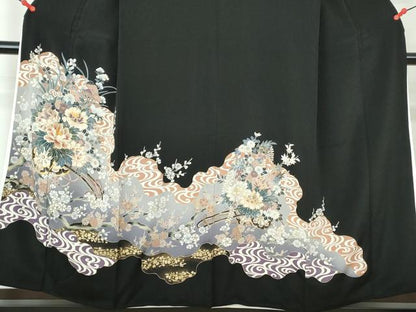 平和屋着物■豪華黒留袖　駒刺繍　流水花車文　金彩　正絹　逸品　DABE0765qa