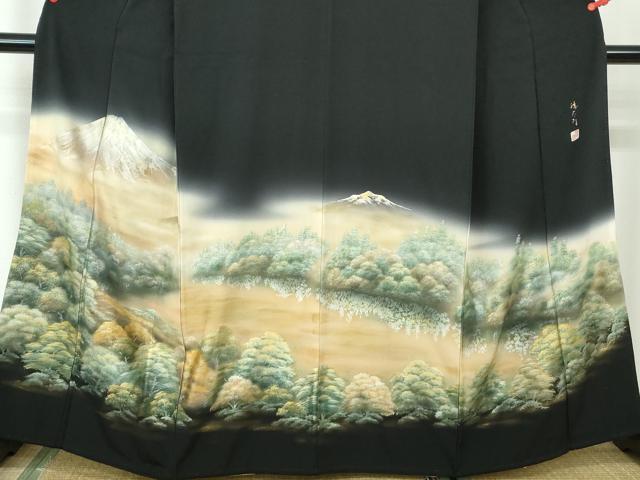 平和屋着物●豪華黒留袖　友禅　作家物　風景松文　暈し染め　金彩　正絹　逸品　AABH0650fy 平和屋着物□豪華黒留袖 作家物 飛鶴風景文 暈し染め