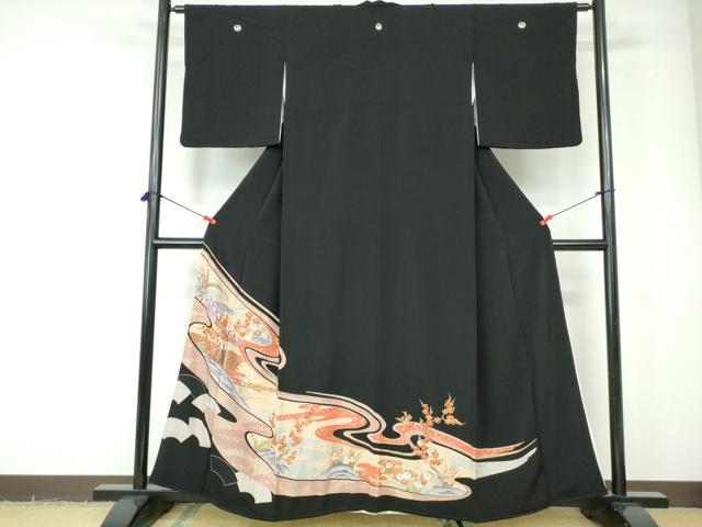 平和屋着物■豪華黒留袖　友禅作家物　流水花文　正絹　逸品　AABI0279st 平和屋着物□豪華黒留袖 友禅作家物 流水花文 正絹 逸品 AABI0279st