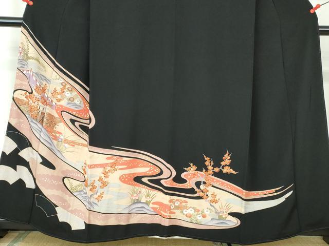 平和屋着物＊夏物　アンティーク　黒留袖　絽　流水風景文　両褄　暈し染め　正絹　逸品　AABB0509st 平和屋着物□豪華黒留袖 駒刺繍 花車文 金彩 正絹 逸品 DAAY2782op