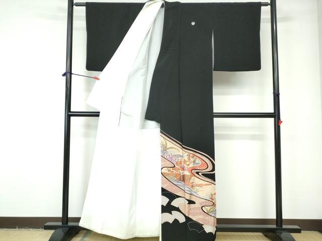 平和屋着物■豪華黒留袖　流水風景花文　金彩　正絹　逸品　DABE0777qa