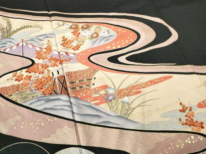 平和屋着物■豪華黒留袖　流水風景花文　金彩　正絹　逸品　DABE0777qa