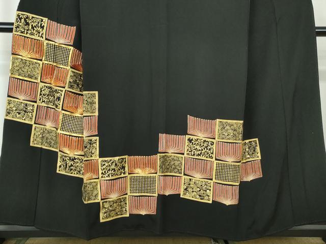 平和屋着物■豪華黒留袖　駒刺繍　格子笹花文　金彩　正絹　逸品　DABE0799qa