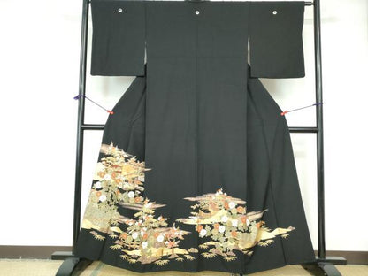平和屋着物■豪華黒留袖 駒刺繍 風景花文 金銀彩 正絹 逸品 DABE0801qa