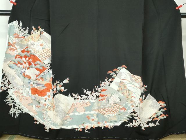 平和屋着物■豪華黒留袖　駒刺繍　向かい鶴花松文　金彩　正絹　逸品　DABE0831qa