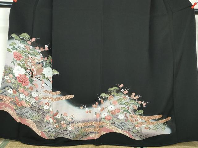 平和屋着物■豪華黒留袖　駒刺繍　御所車花文　金彩　正絹　逸品　DABE0843qa