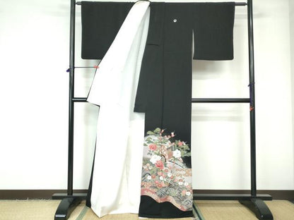 平和屋着物■豪華黒留袖　駒刺繍　御所車花文　金彩　正絹　逸品　DABE0843qa