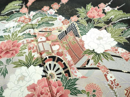 平和屋着物■豪華黒留袖　駒刺繍　御所車花文　金彩　正絹　逸品　DABE0843qa