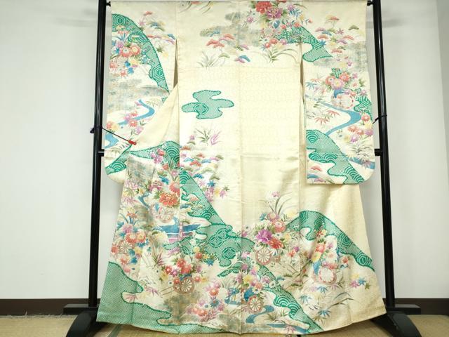 平和屋着物■豪華振袖　流水花車文　金糸　銀彩　正絹　逸品　DABE0850qa