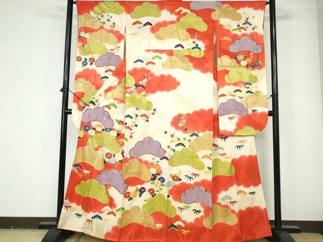 平和屋着物■豪華振袖　駒刺繍　枝松花文　暈し染め　金彩　三越扱い　正絹　逸品　DABE0852qa