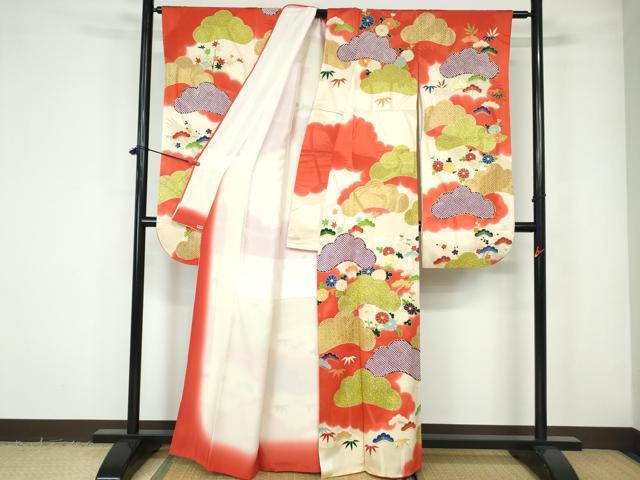 平和屋着物■豪華振袖　駒刺繍　枝松花文　暈し染め　金彩　三越扱い　正絹　逸品　DABE0852qa
