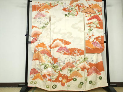 平和屋着物■豪華振袖　駒刺繍　枝松花文　暈し染め　金銀彩　正絹　逸品　DABE0853qa