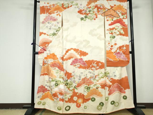 平和屋着物■豪華振袖　駒刺繍　枝松花文　暈し染め　金銀彩　正絹　逸品　DABE0853qa
