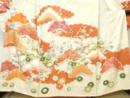 平和屋着物■豪華振袖　駒刺繍　枝松花文　暈し染め　金銀彩　正絹　逸品　DABE0853qa
