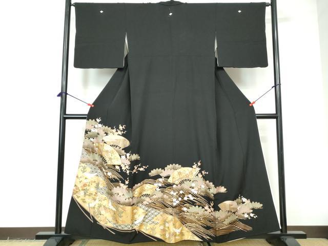 平和屋着物■豪華黒留袖　駒刺繍　扇面飛鶴花文　金彩　正絹　逸品　DABE0856qa