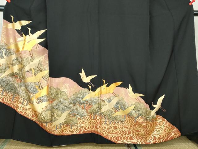 平和屋着物■豪華黒留袖　駒刺繍　流水飛鶴枝松文　金銀彩　正絹　逸品　DABE0857qa