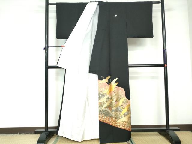 平和屋着物■豪華黒留袖　駒刺繍　流水飛鶴枝松文　金銀彩　正絹　逸品　DABE0857qa