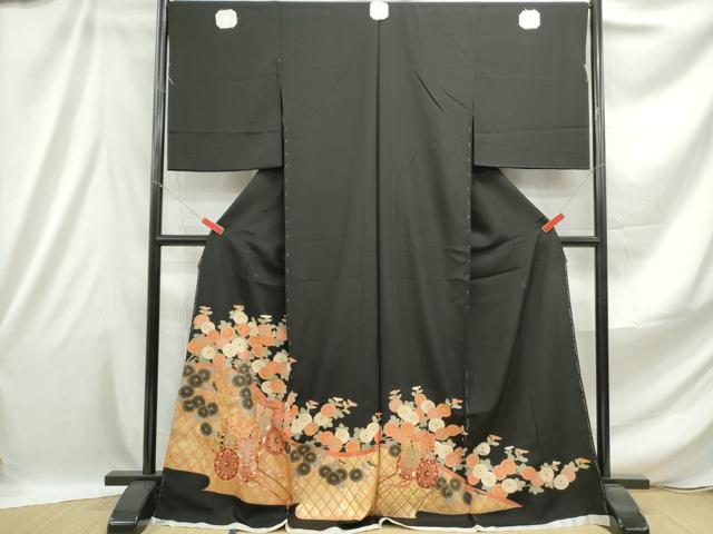 平和屋着物■豪華黒留袖 駒刺繍 御所車花文 金彩 仮絵羽 正絹 逸品 未使用 DABE0884qa