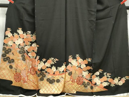 平和屋着物■豪華黒留袖 駒刺繍 御所車花文 金彩 仮絵羽 正絹 逸品 未使用 DABE0884qa