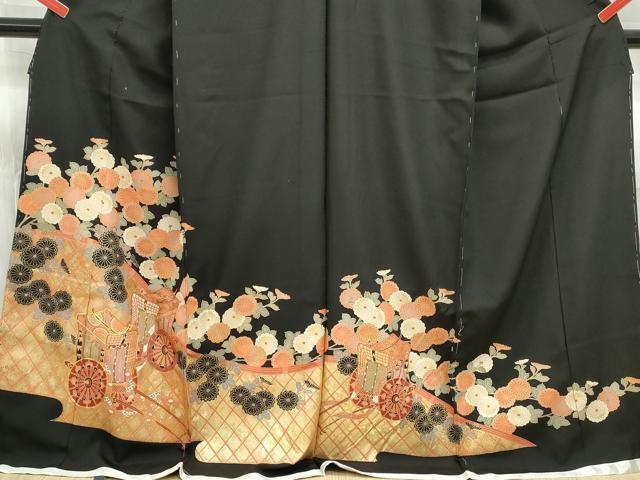 平和屋着物■豪華黒留袖 駒刺繍 御所車花文 金彩 仮絵羽 正絹 逸品 未使用 DABE0884qa