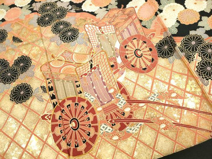 平和屋着物■豪華黒留袖 駒刺繍 御所車花文 金彩 仮絵羽 正絹 逸品 未使用 DABE0884qa