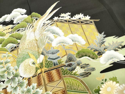 平和屋着物■豪華黒留袖 刺繍 花鳥風景文 金糸 金彩 正絹 逸品 DABE0895qa