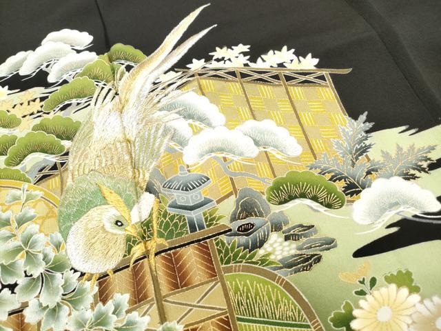 平和屋着物■豪華黒留袖 刺繍 花鳥風景文 金糸 金彩 正絹 逸品 DABE0895qa