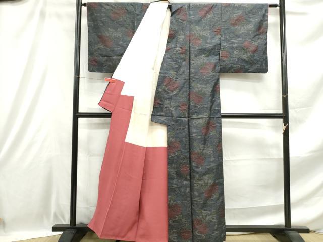 平和屋着物▽本場大島紬　単衣　流水花文　正絹　逸品　AABE5672fy 平和屋着物○本場大島紬 白大島 9マルキ 流水草花文 正絹 逸品 未使用
