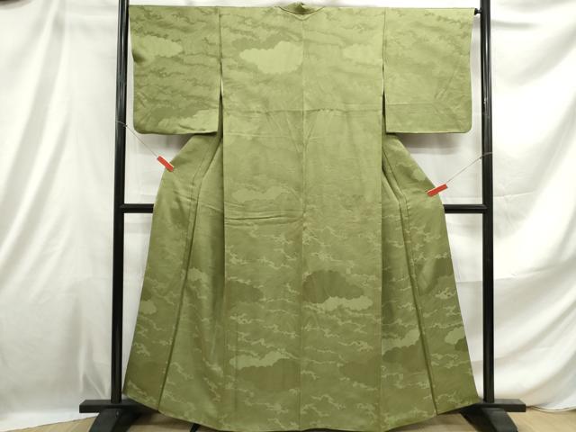 平和屋着物■上質な色無地 立波重ね雲地紋 青丹色 正絹 逸品 DABE0921qa