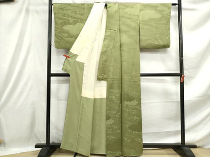 平和屋着物■上質な色無地 立波重ね雲地紋 青丹色 正絹 逸品 DABE0921qa