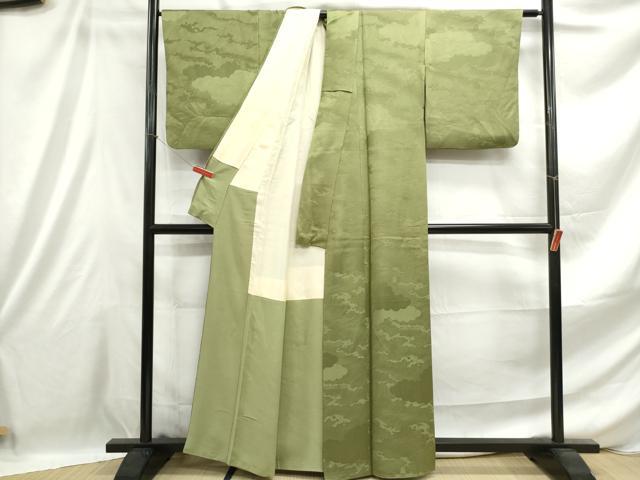 平和屋着物■上質な色無地 立波重ね雲地紋 青丹色 正絹 逸品 DABE0921qa