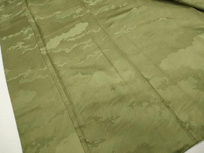 平和屋着物■上質な色無地 立波重ね雲地紋 青丹色 正絹 逸品 DABE0921qa
