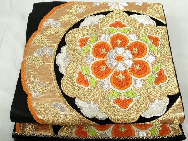 平和屋着物◎六通柄袋帯　唐織　正倉院花文　黒地　金銀糸　正絹　逸品　DABE0925qa
