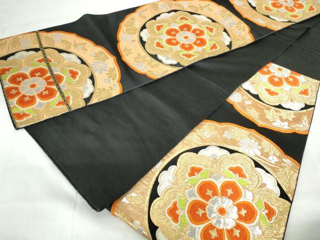 平和屋着物◎六通柄袋帯　唐織　正倉院花文　黒地　金銀糸　正絹　逸品　DABE0925qa